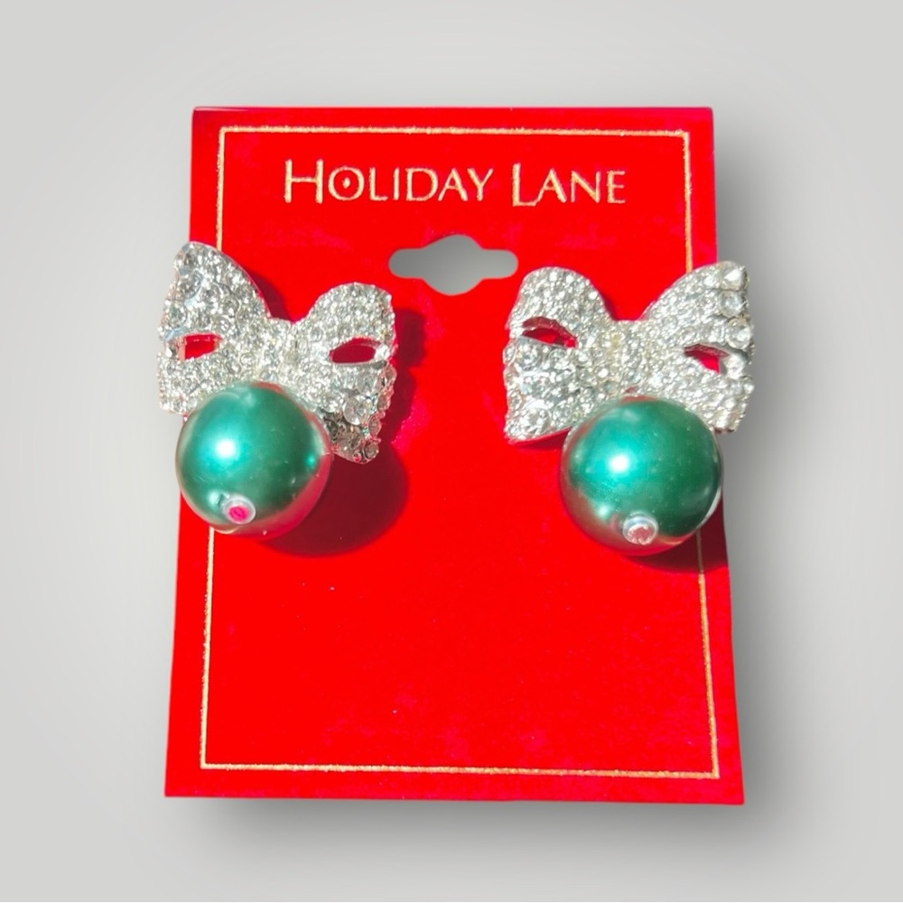 Pavé Ribbon Silver Tone Green Christmas Ornament Stud Earring Holiday Lane New - Picture 6 of 7